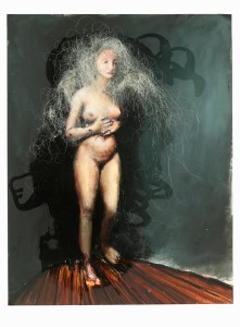 Athelda III, 2013, Öl und Haare auf Papier, 50cm x 64cm
