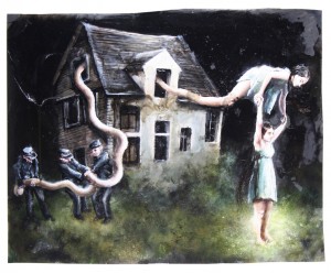 Andrea Lehmann, Die Flucht, Öl, Haare auf Papier, circa 50cm x 60cm