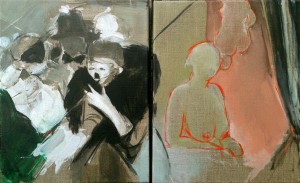 Tina Schwarz, o.T., Dyptichon, 2014, Aquarell und Öl auf Leinwand, jeweils 24cm x 30cm