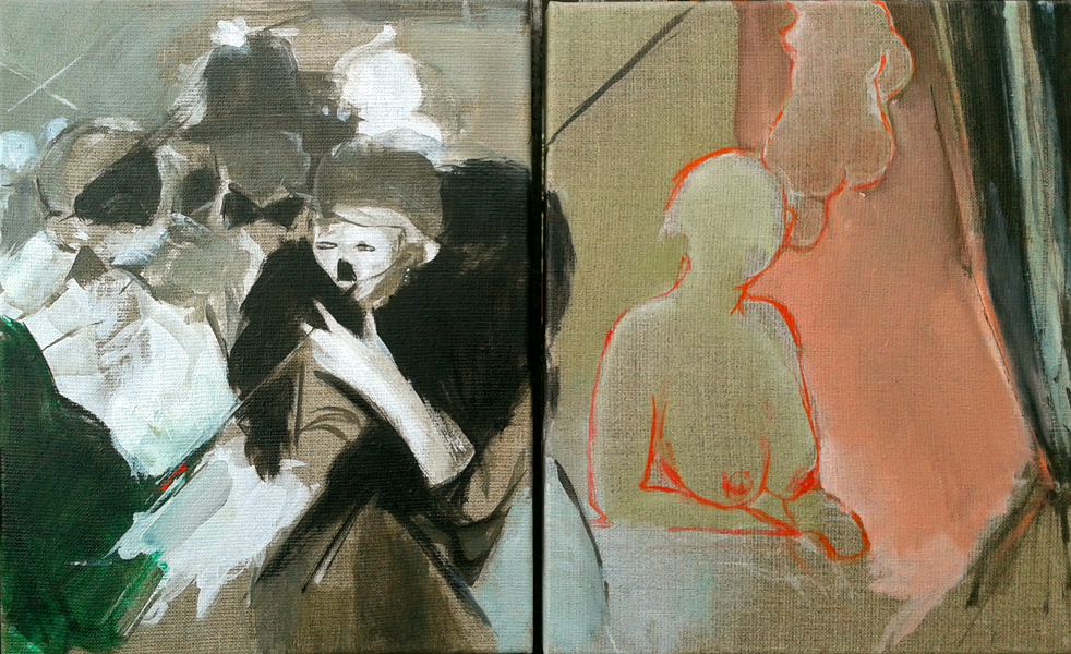 Tina Schwarz, o.T., Dyptichon, 2014, Aquarell und Öl auf Leinwand, jeweils 24cm x 30cm