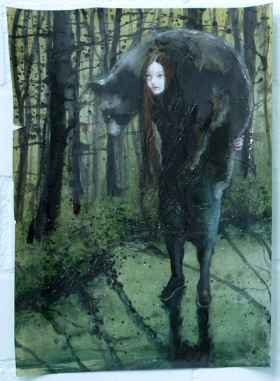 Andrea Lehmann, Schwerer Bär, 2014, Öl, Lack, Haare auf Papier, 36cm x 50cm