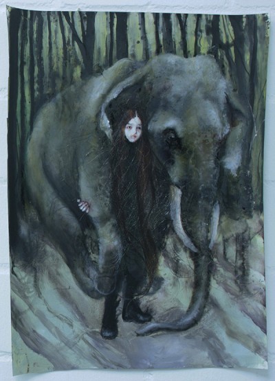 Andrea Lehmann, Schwerer Elefant, 2014, Öl, Lack, Haare auf Papier, 38cm x 51cm