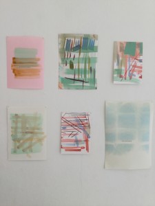 Bärbel Messmann, Zielfarbe, Fehlfarben, Salbeigrün, Nachtgrün, Nachfarbe, 2016, u.a. Öl, Bleistift, Stempelfarbe auf Papier, besuch. Größen