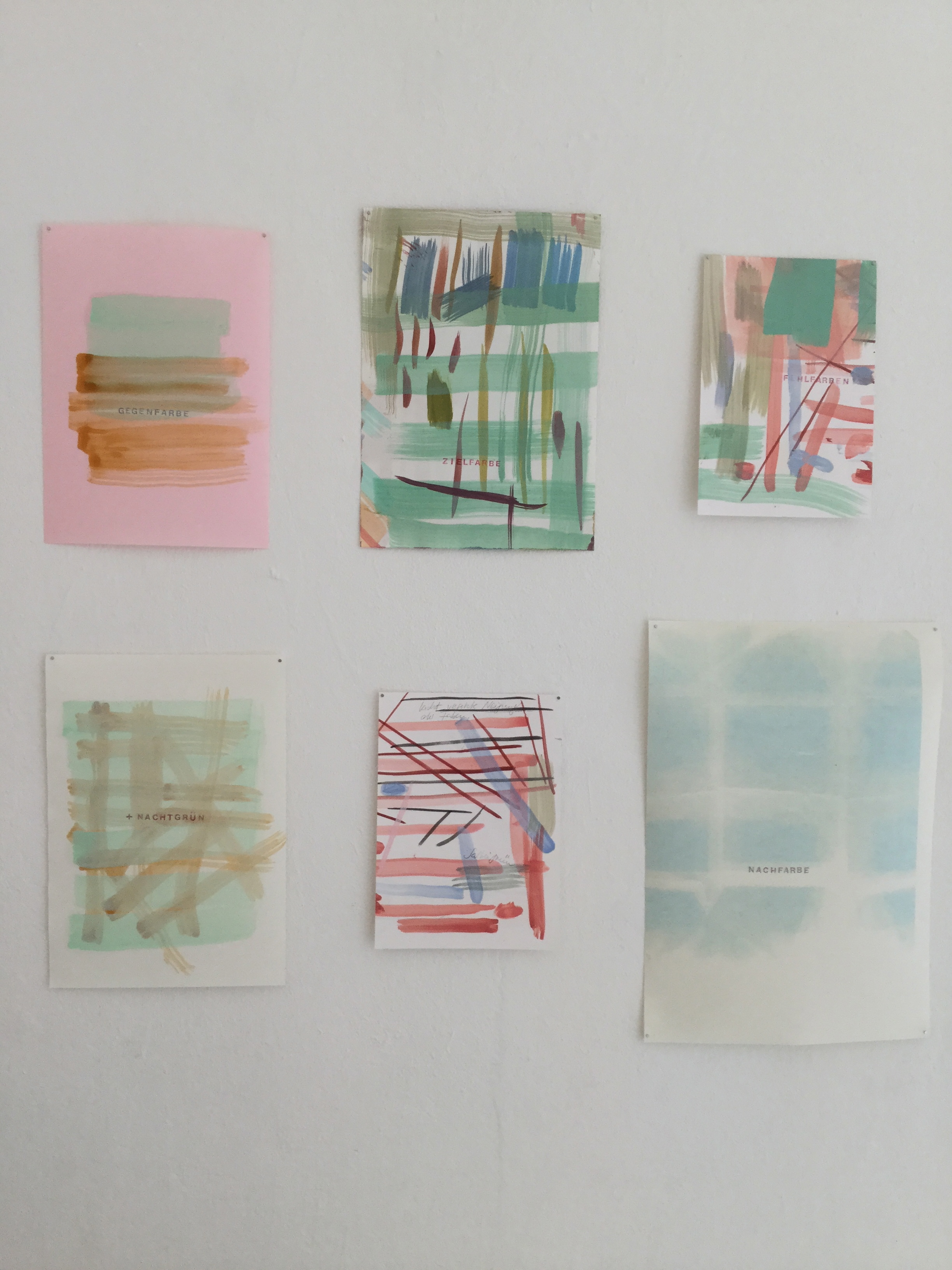 Bärbel Messmann, Zielfarbe, Fehlfarben, Salbeigrün, Nachtgrün, Nachfarbe, 2016, u.a. Öl, Bleistift, Stempelfarbe auf Papier, besuch. Größen