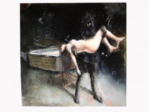 Andrea Lehmann, Thomas Eakins erfindet Milch, 2016, Öl, Haare auf Papier, 37 x 40cm