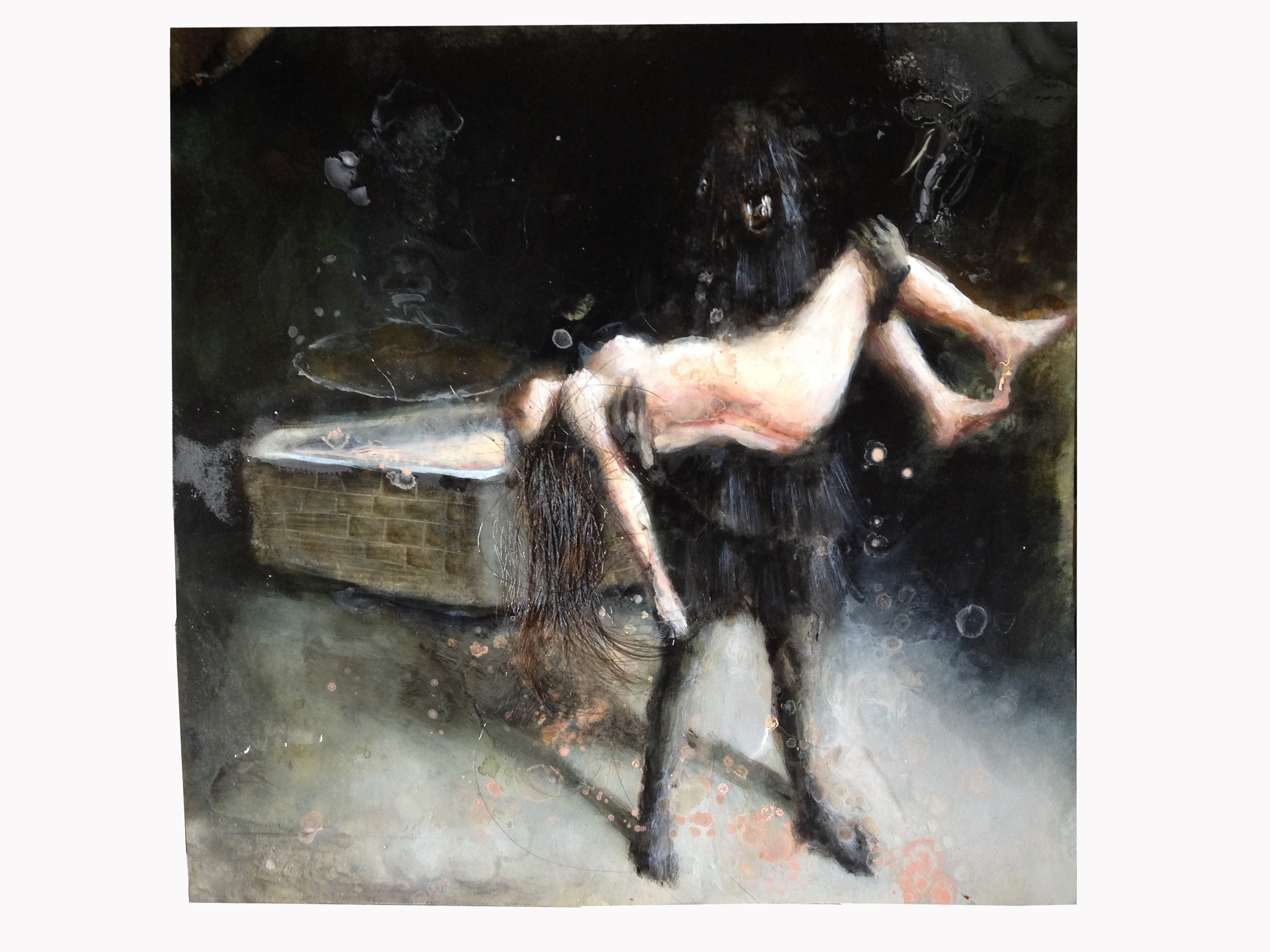 Andrea Lehmann, Thomas Eakins erfindet Milch, 2016, Öl, Haare auf Papier, 37 x 40cm