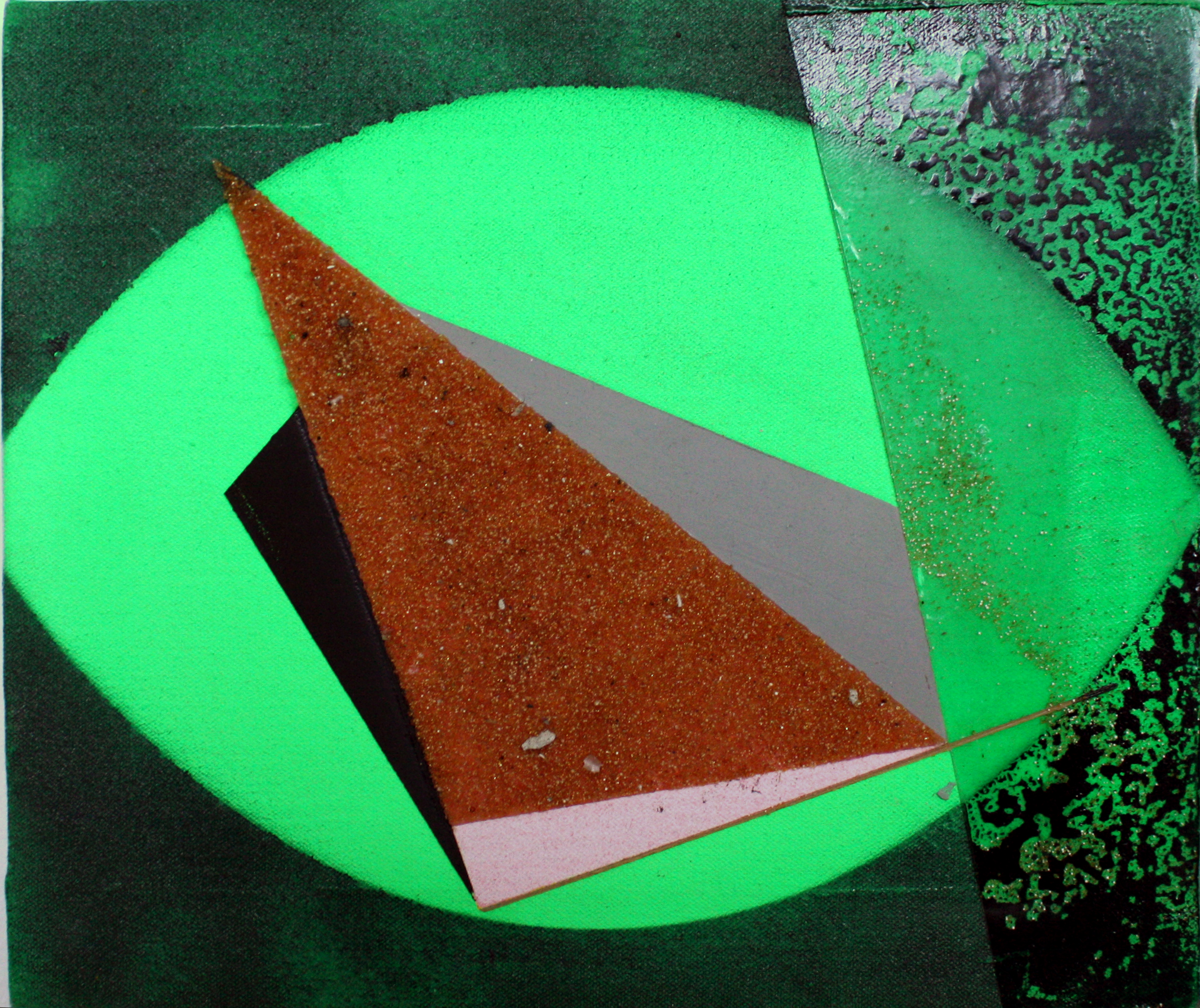 Gesiegt, 2017, Lack, Bitumen, Löschperlen, Silikon, Öl auf Leinwand, 27 x 31,5cm