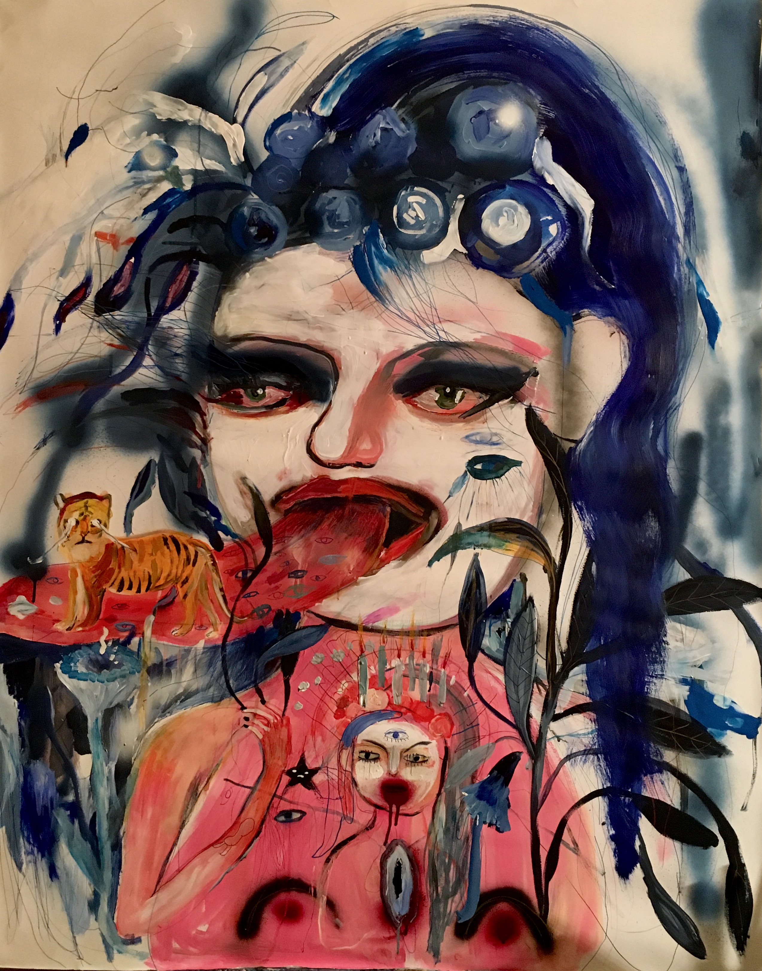 Lalangue. Autoritratto con Tigre che piange/ Selbstportrait mit weinendem Tiger, 2017, Acryl, Tempera, Pastell auf Papier,140X150cm